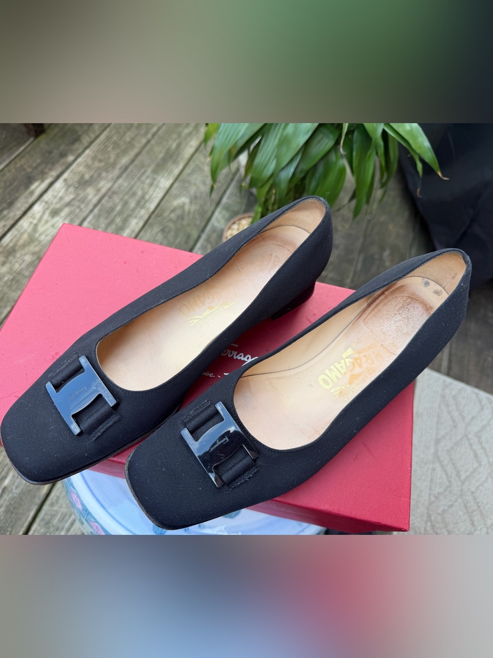 Salvatore Ferragamo Black Square-Toe Flats with Patent Logo Buckle *Size 38/8 - Picture 2 of 8